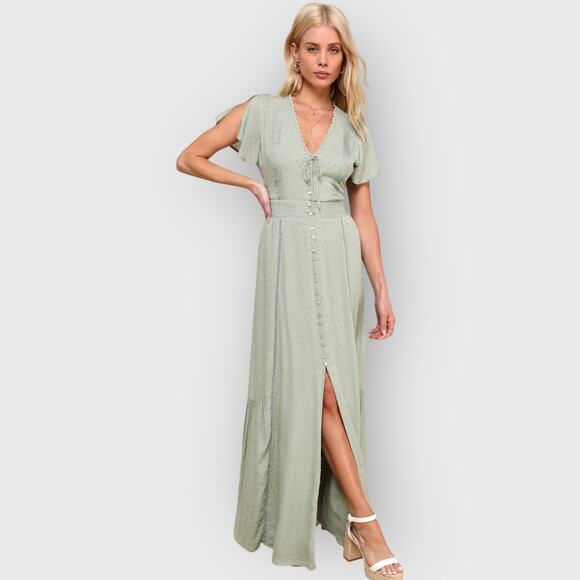 Lulus Sage Green Swiss Dot Maxi Dress XXS Button Front V-Neck Cottagecore - Picture 9 of 9